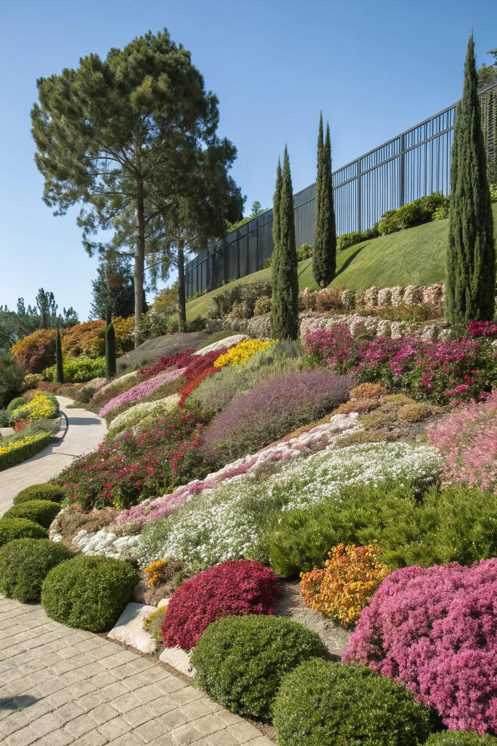 Layered planting creates depth and visual interest in this colorful garden.