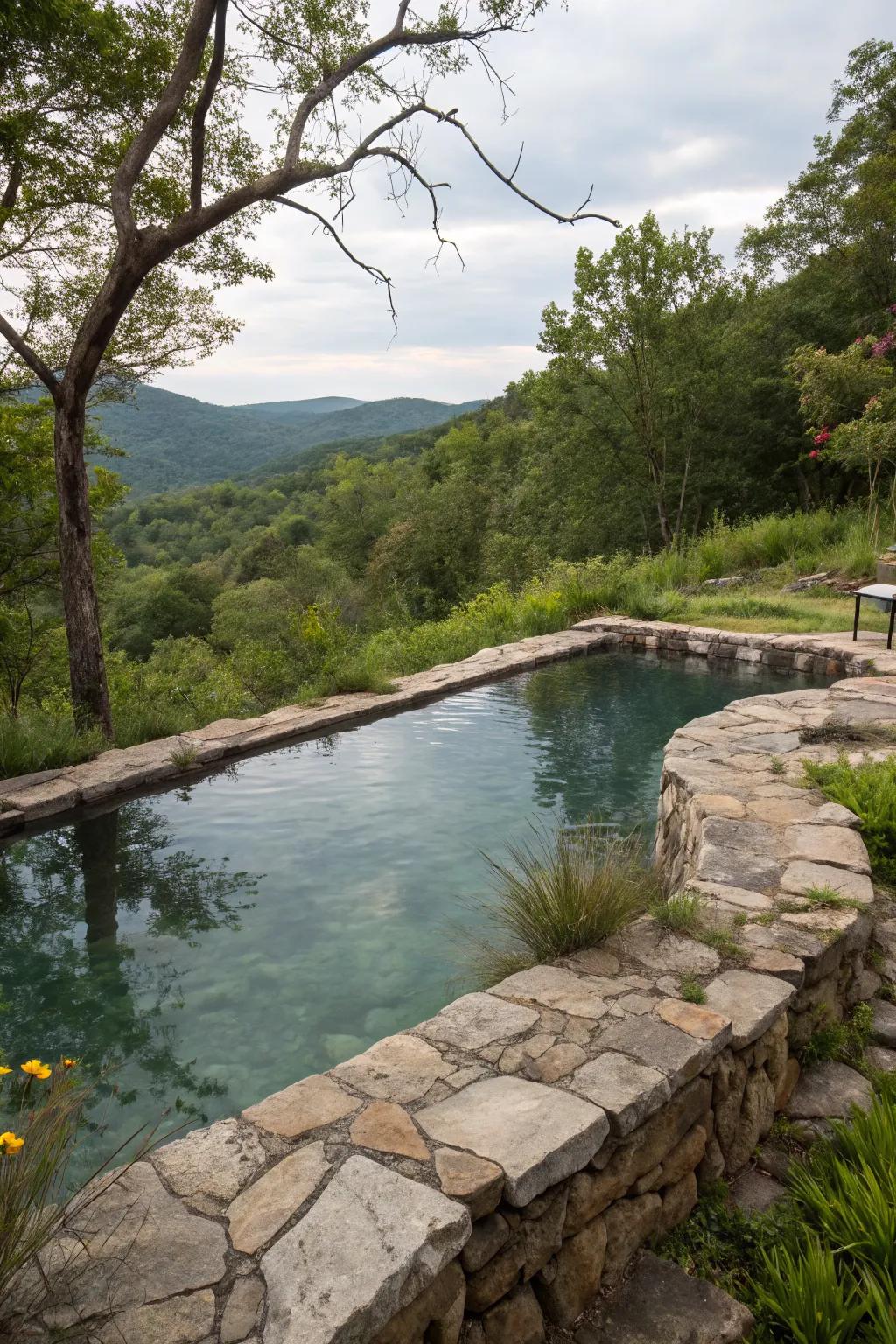 Natural stone borders frame a swimming pool, seamlessly integrating it into the environment.