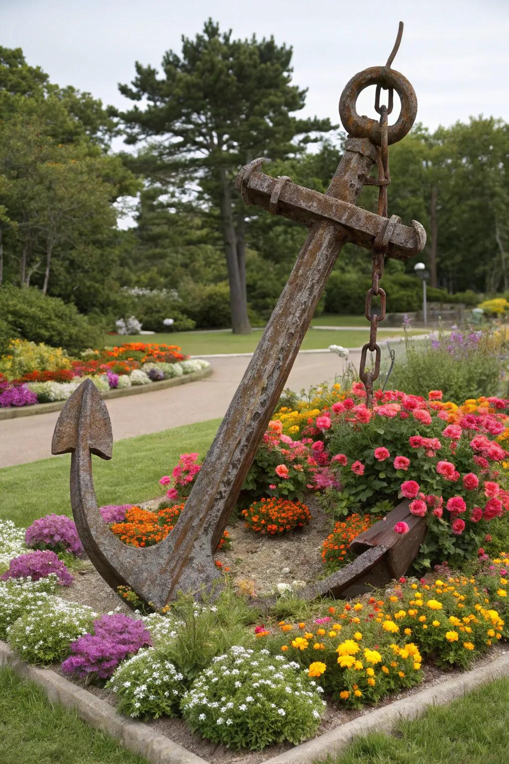 An anchor serves as a striking focal point in a nautical garden.