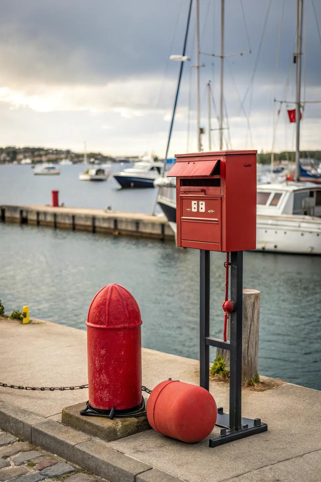 A mailbox stand featuring a vibrant buoy.
