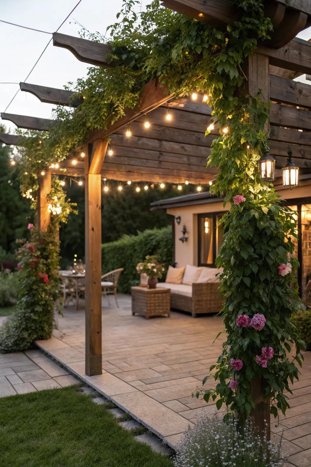A dreamy pergola-covered patio with a natural canopy.