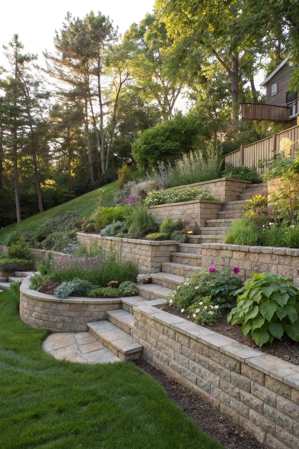 Tiered landscaping that adds depth to a sloped yard.
