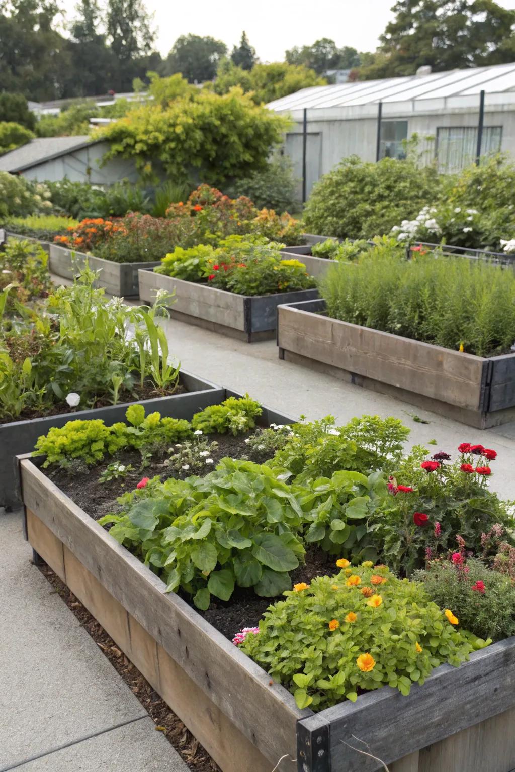 Elevated planter beds adding dimension to the garden landscape.