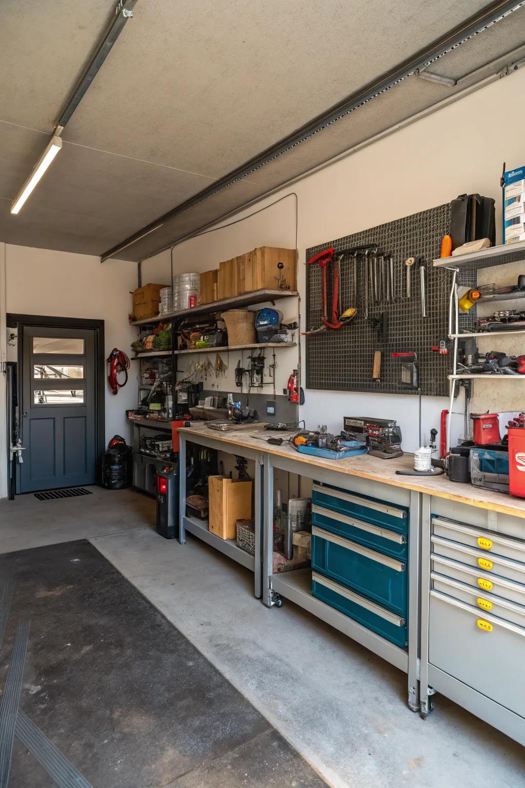 A functional workshop area within a garage space.