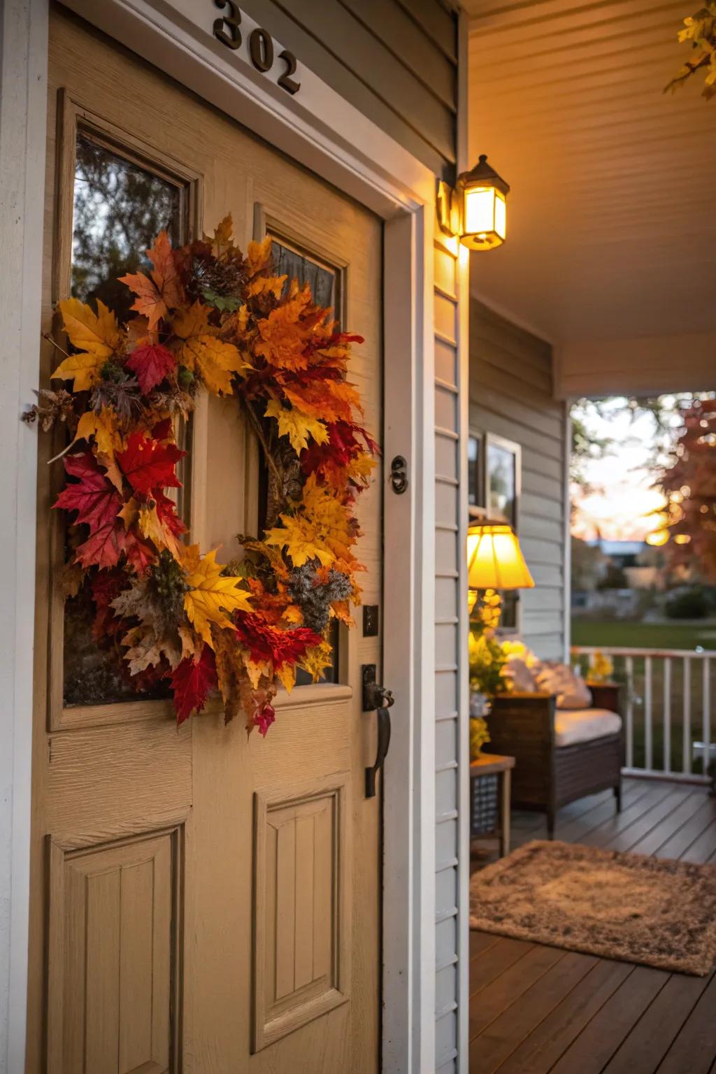 A handmade autumn wreath brings seasonal cheer.