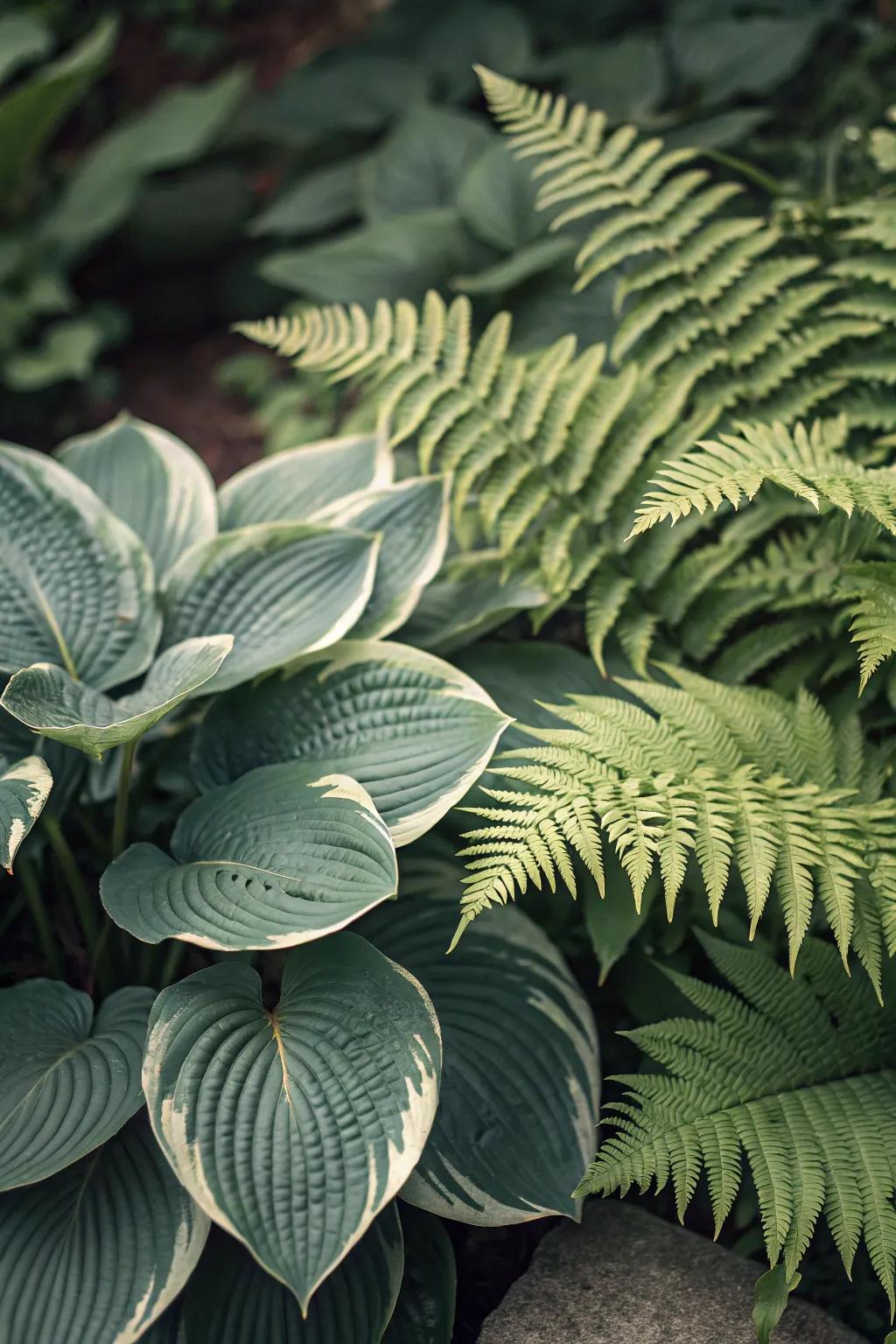 A mix of plant textures with hosta leaves and ferns in a garden.