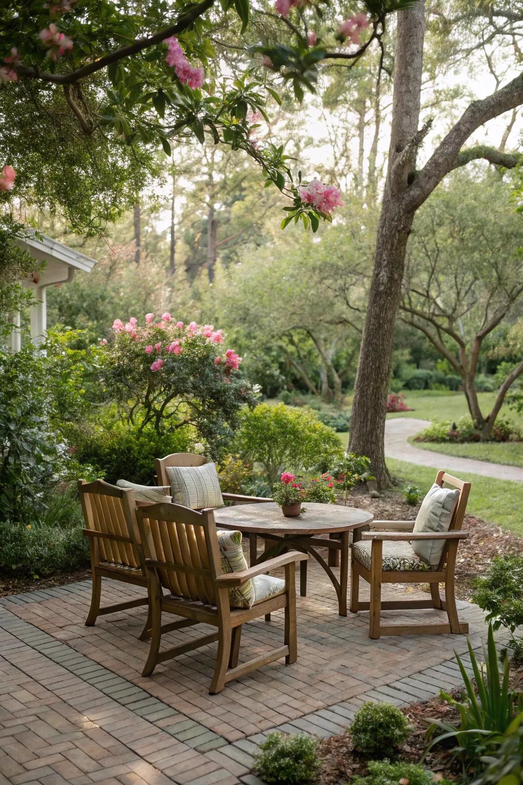 A cozy seating area invites relaxation in a North Florida garden.