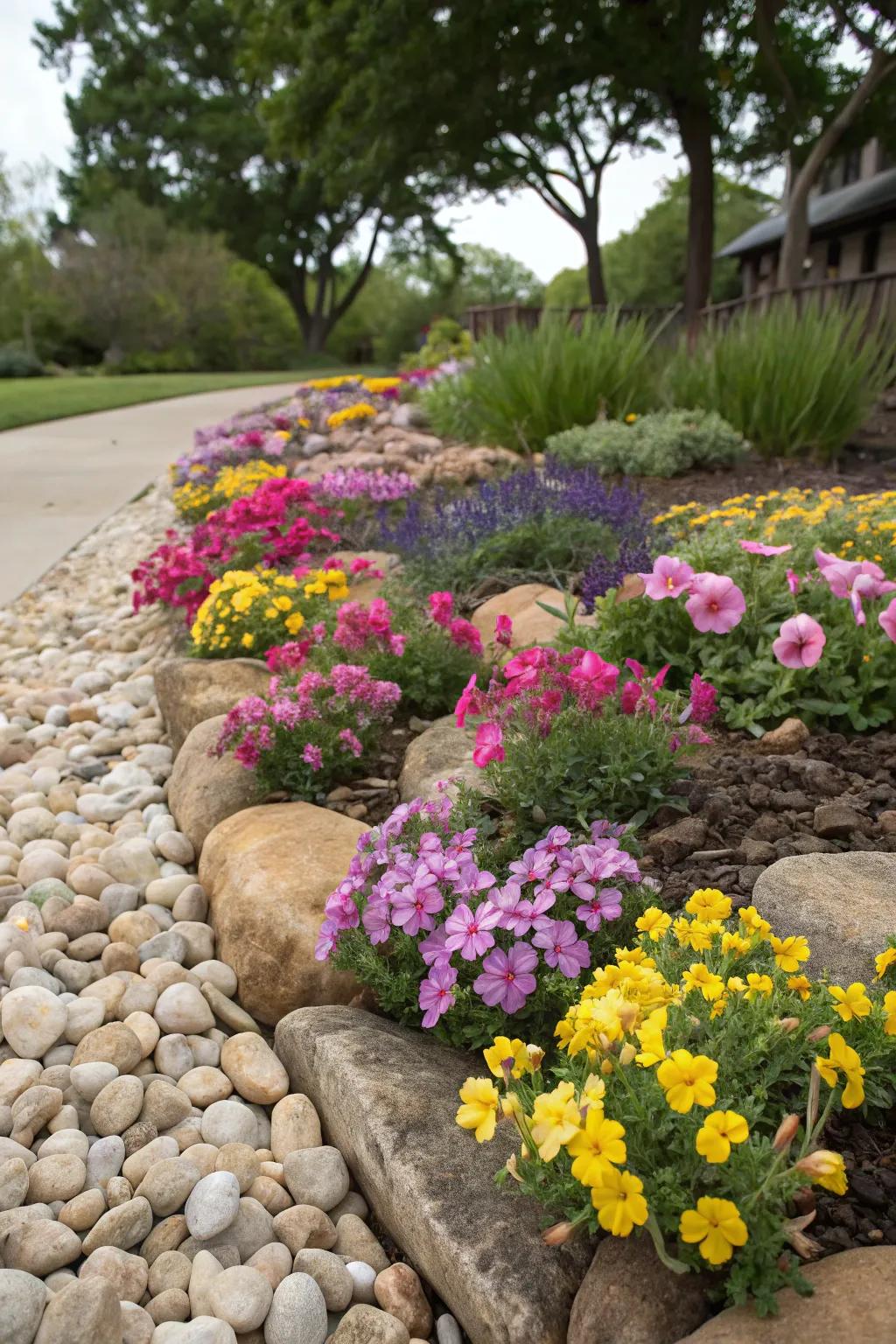 Natural elements like rocks add texture and interest.