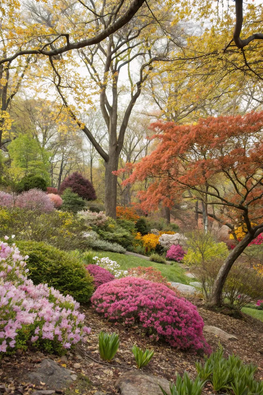 A garden showcasing vibrant spring blooms and rich fall colors.