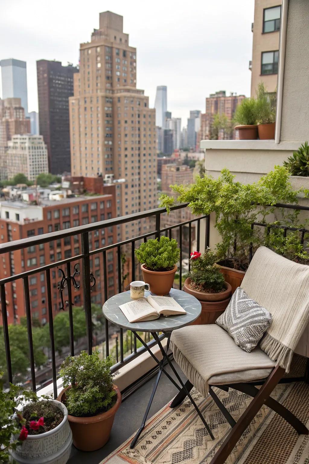 A multi-functional NYC balcony for lounging and dining.