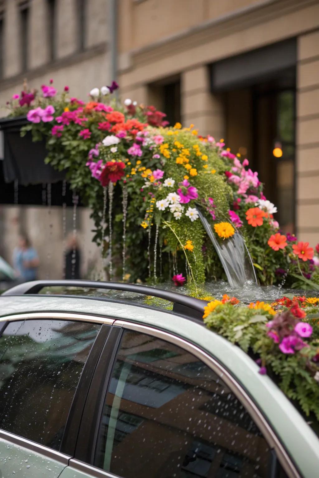 A car roof adorned with cascading flowers for a dramatic look.