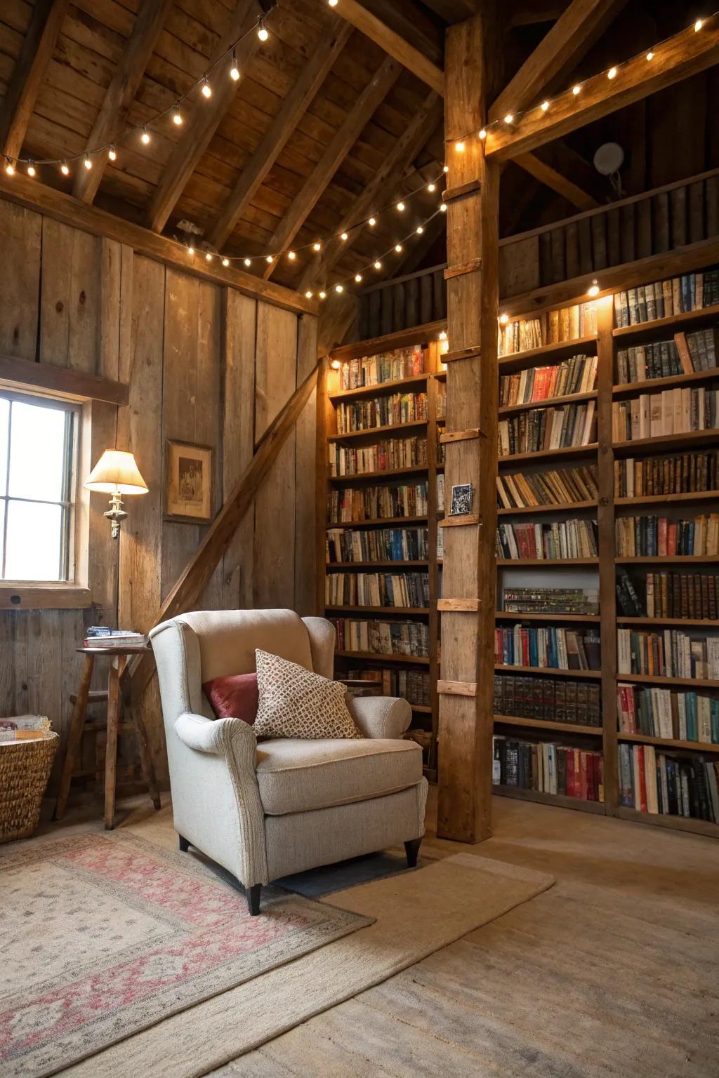 A tranquil reading retreat nestled in a barn.
