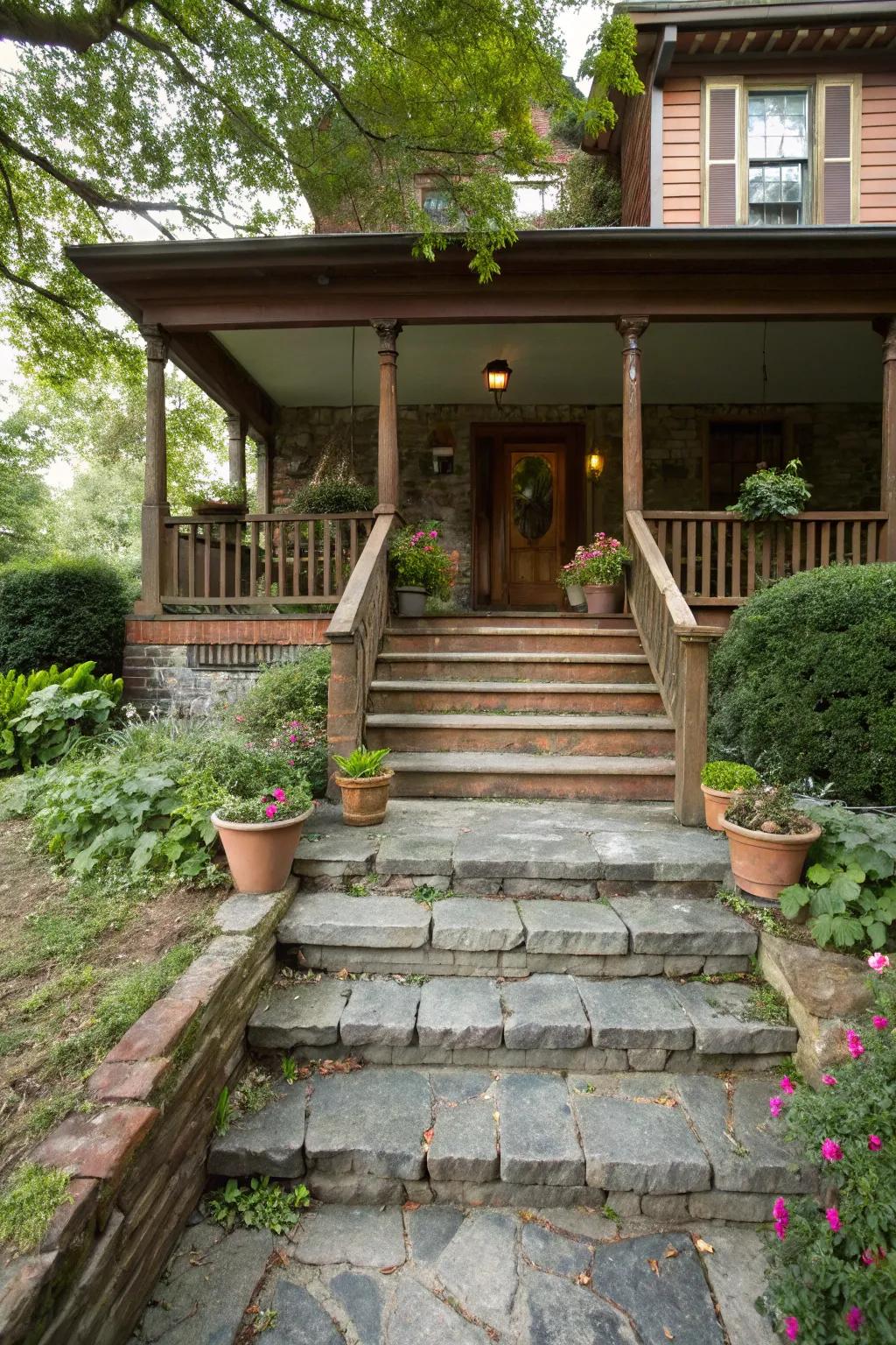 Brick and stone pathways create a classic entrance.