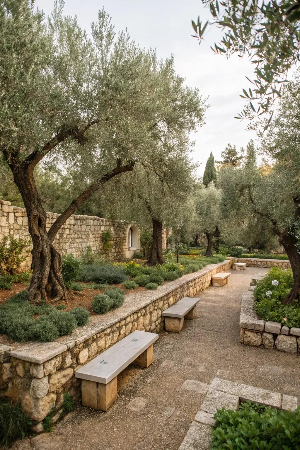 A garden with olive trees enhanced by stone benches and walls.
