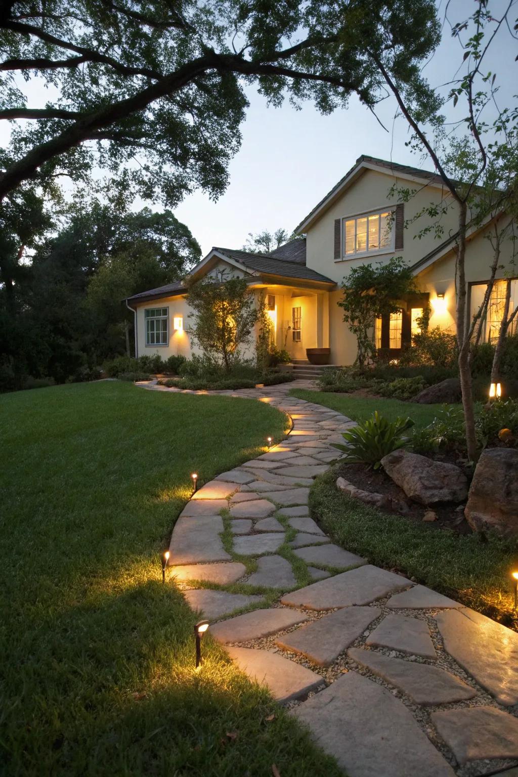 Elegant pathways create a grand entrance.