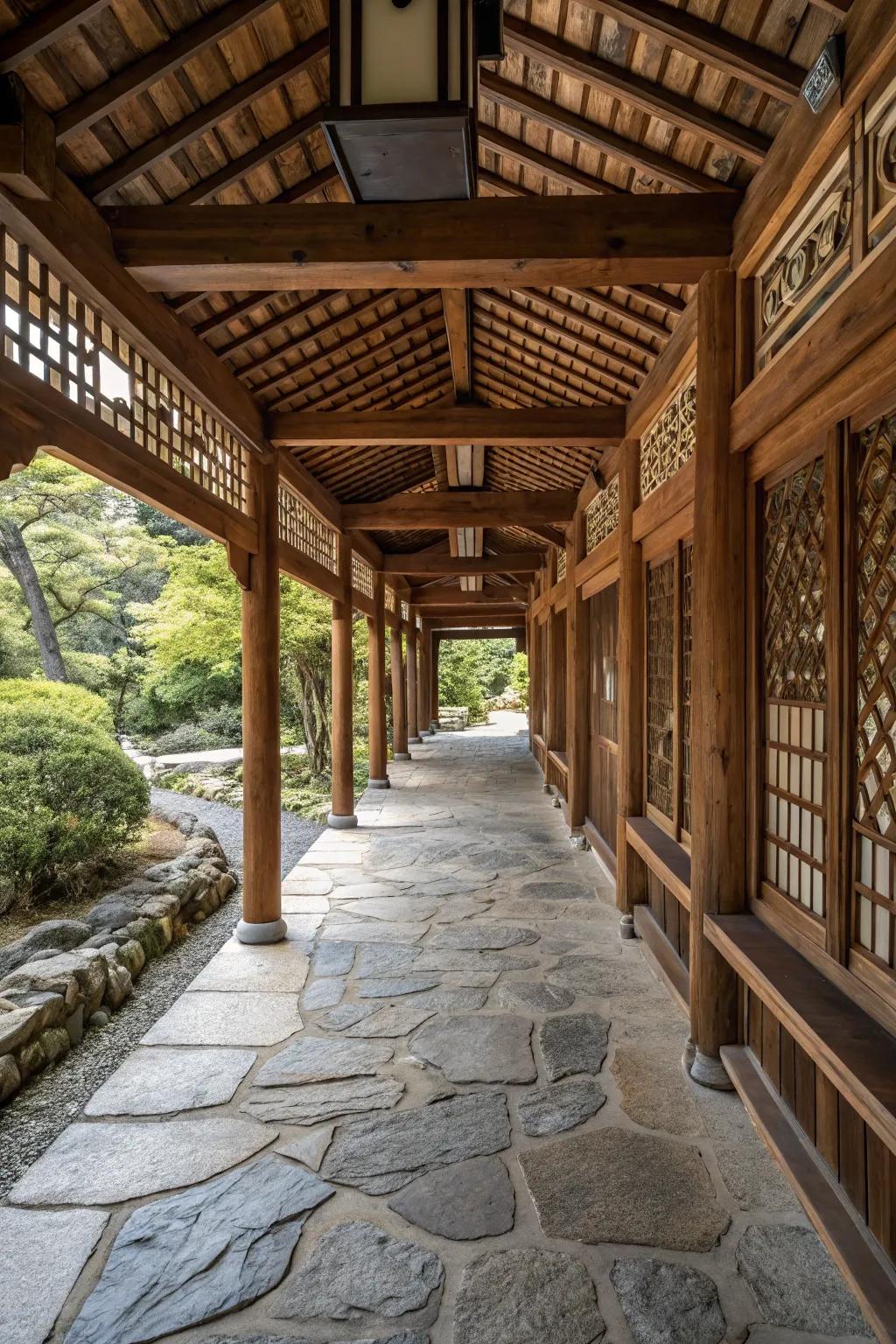 Natural materials create a harmonized and welcoming breezeway.