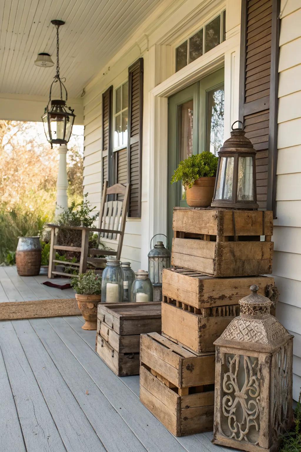 Rustic elements add character to the porch.