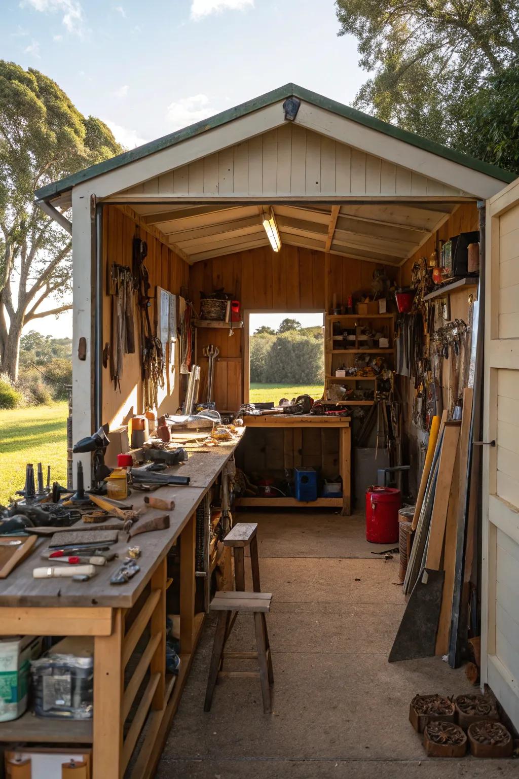 A shed transformed into a bustling workshop.