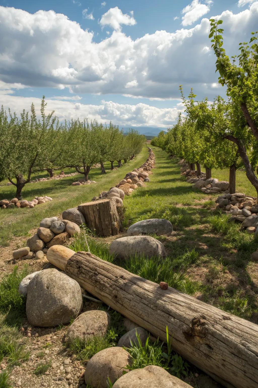 Natural elements create a seamless blend with the orchard's environment.