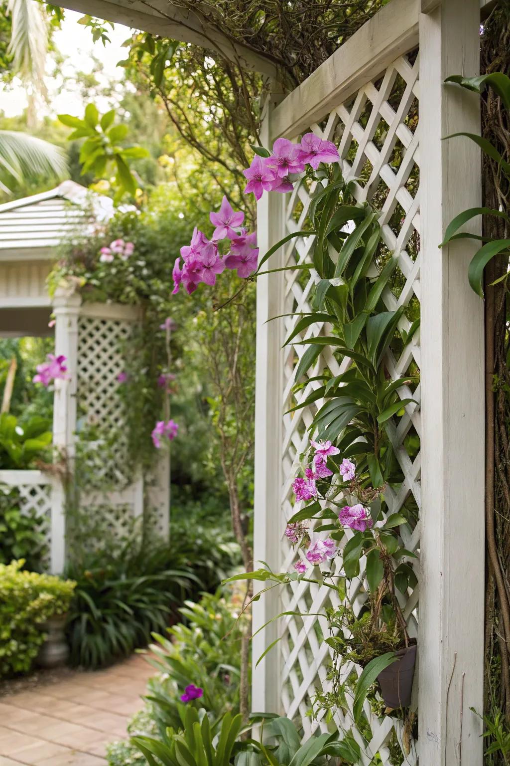 Latticework providing support and beauty for climbing orchids.