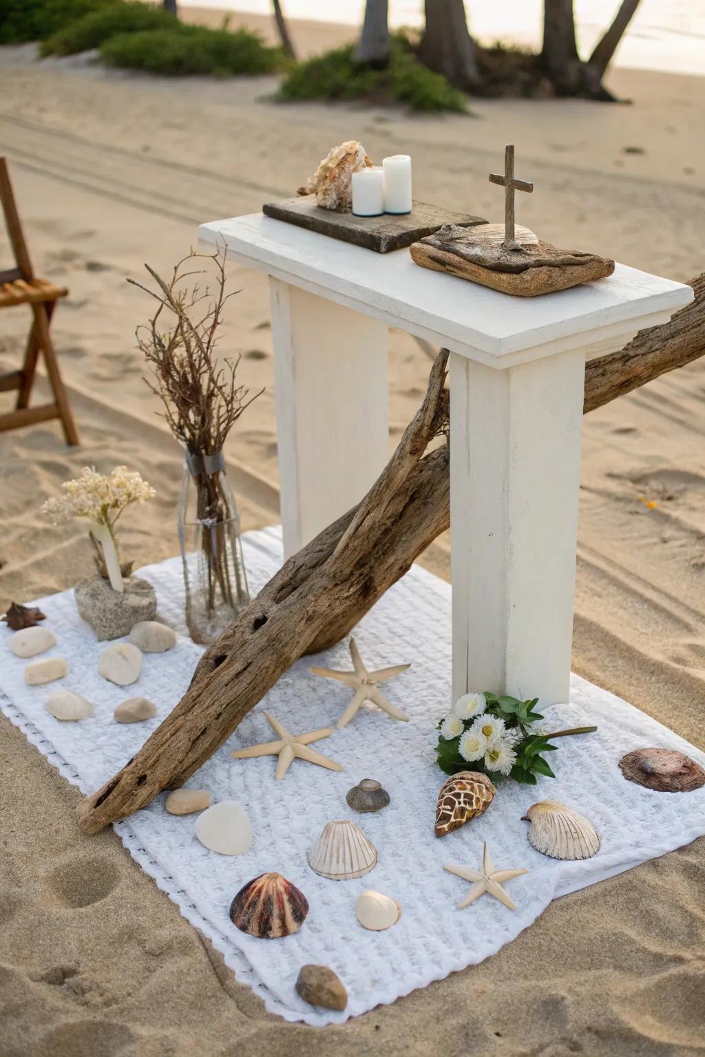 A beach-inspired altar complete with shells and driftwood.
