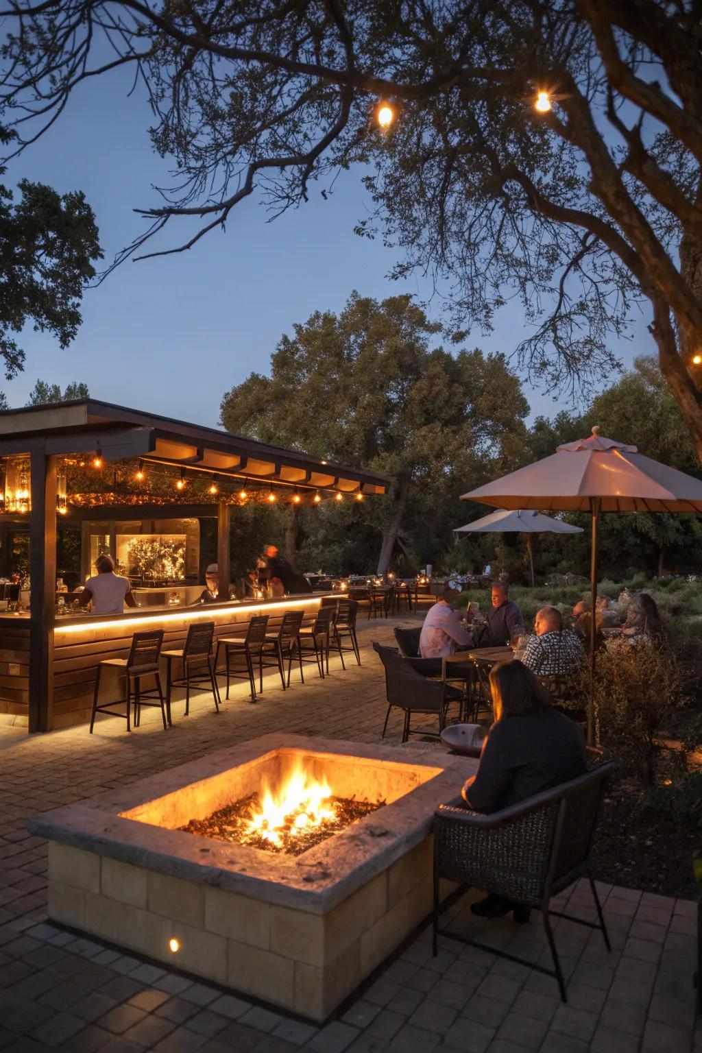 A fire pit creates a cozy gathering spot.