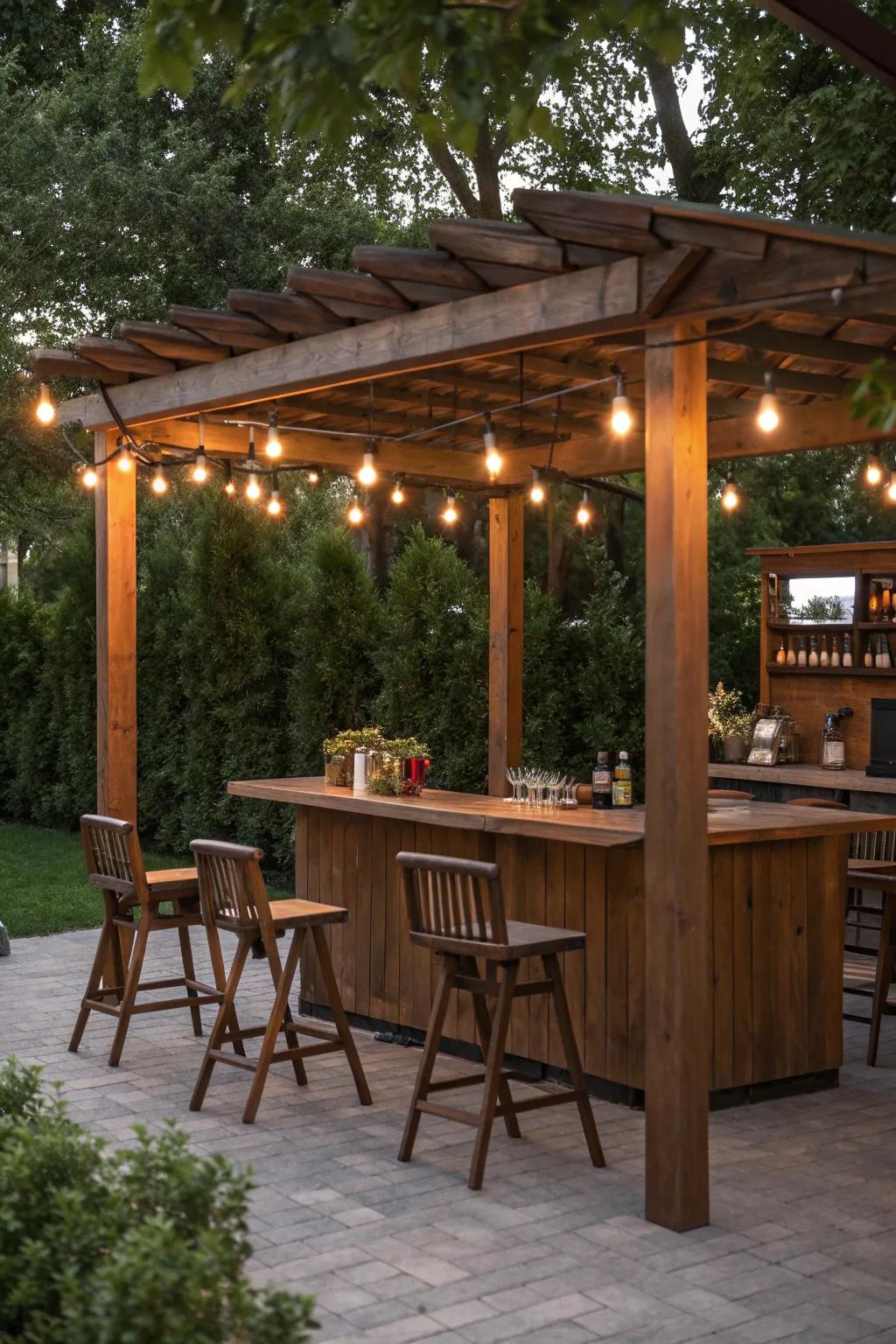 A pergola adds elegance and shade to your outdoor bar area.