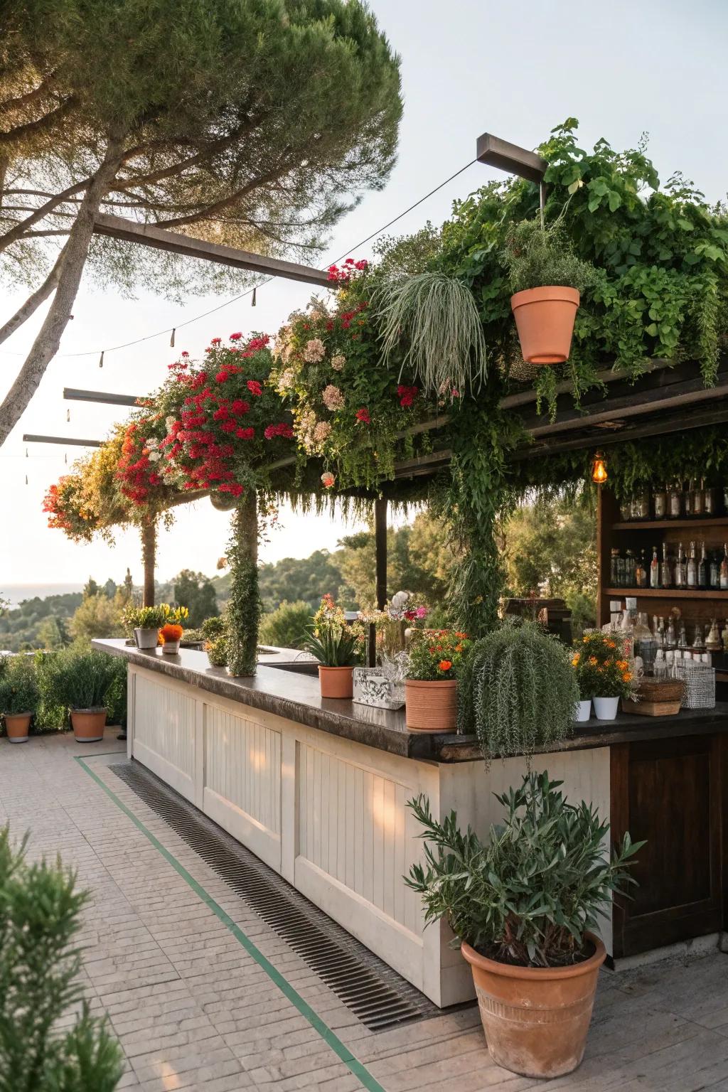 Greenery adds a touch of life and vibrancy to your outdoor bar setting.