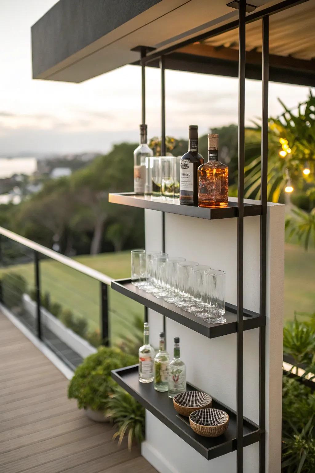 Floating shelves provide a modern and sleek appearance.