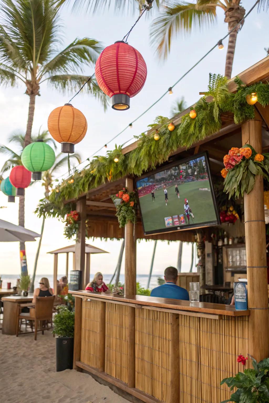 Bring a touch of the tropics to your backyard with a tiki-themed bar and TV.