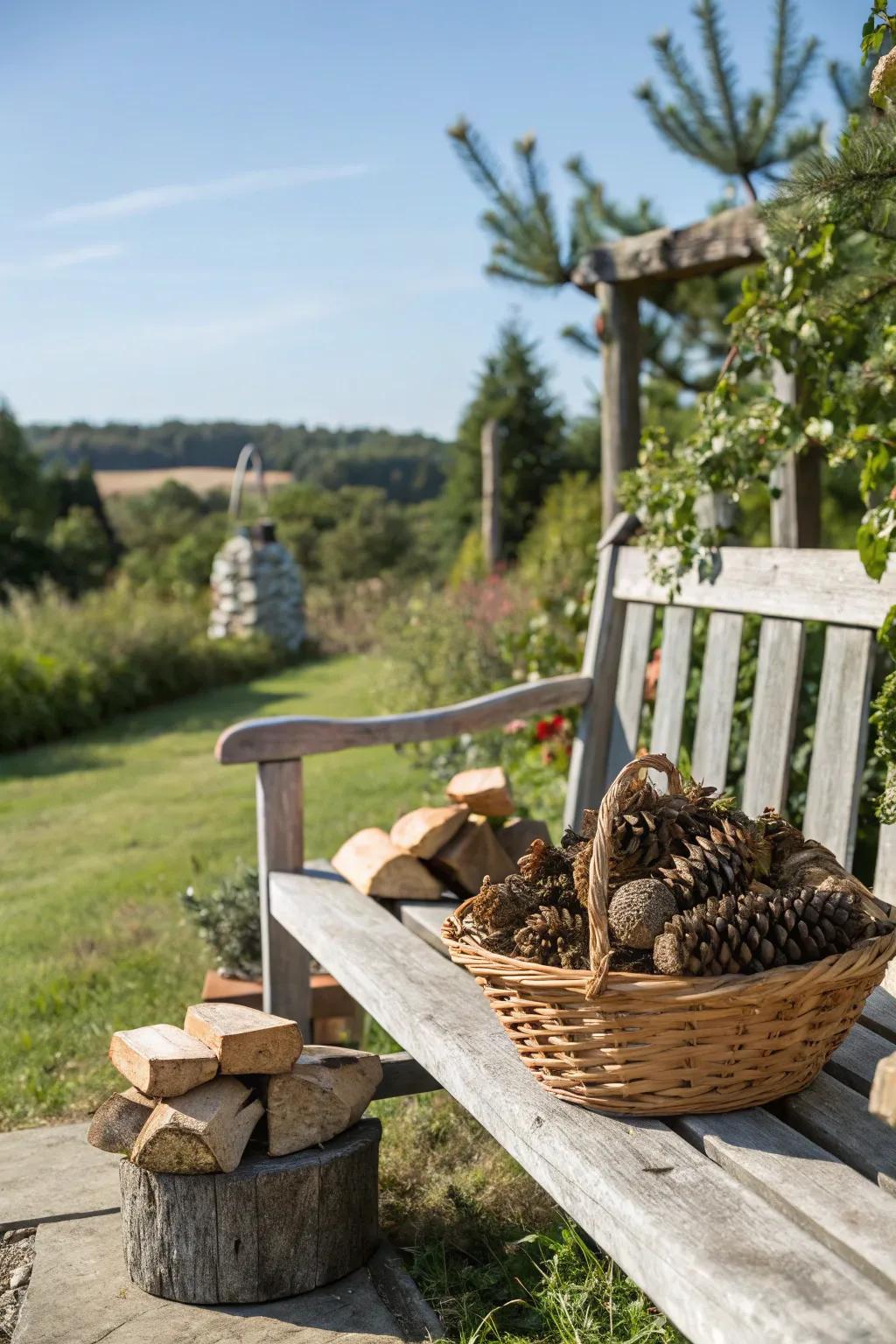 A rustic basket with firewood adds a cozy touch.