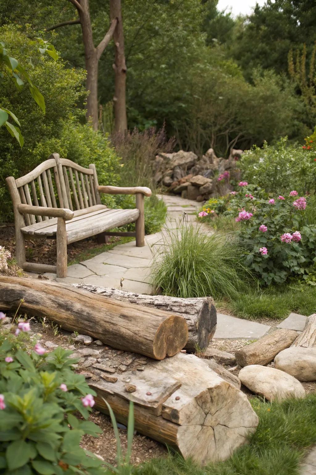 A bench surrounded by driftwood and logs for a rustic look.