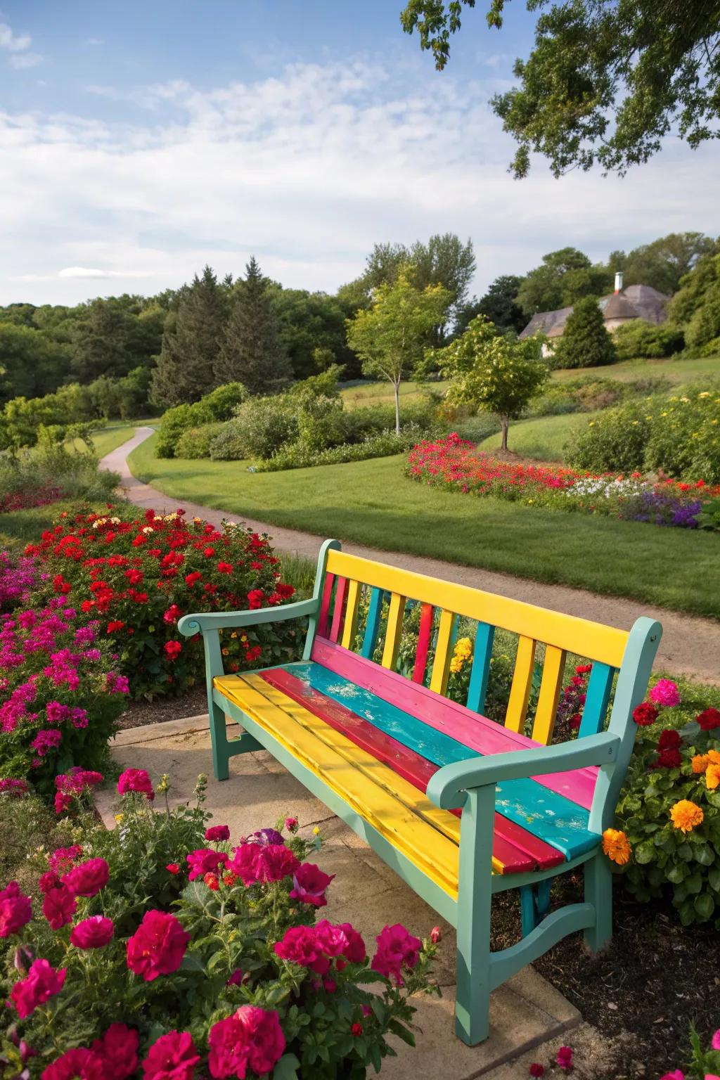 A painted bench can brighten up any outdoor space with its color and charm.