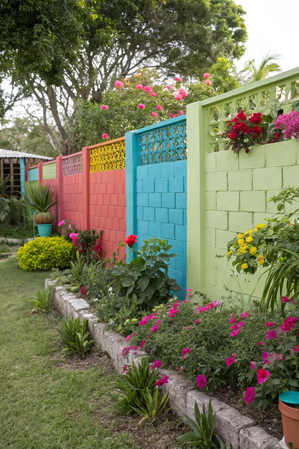 A vibrant breeze block wall adding color to a garden