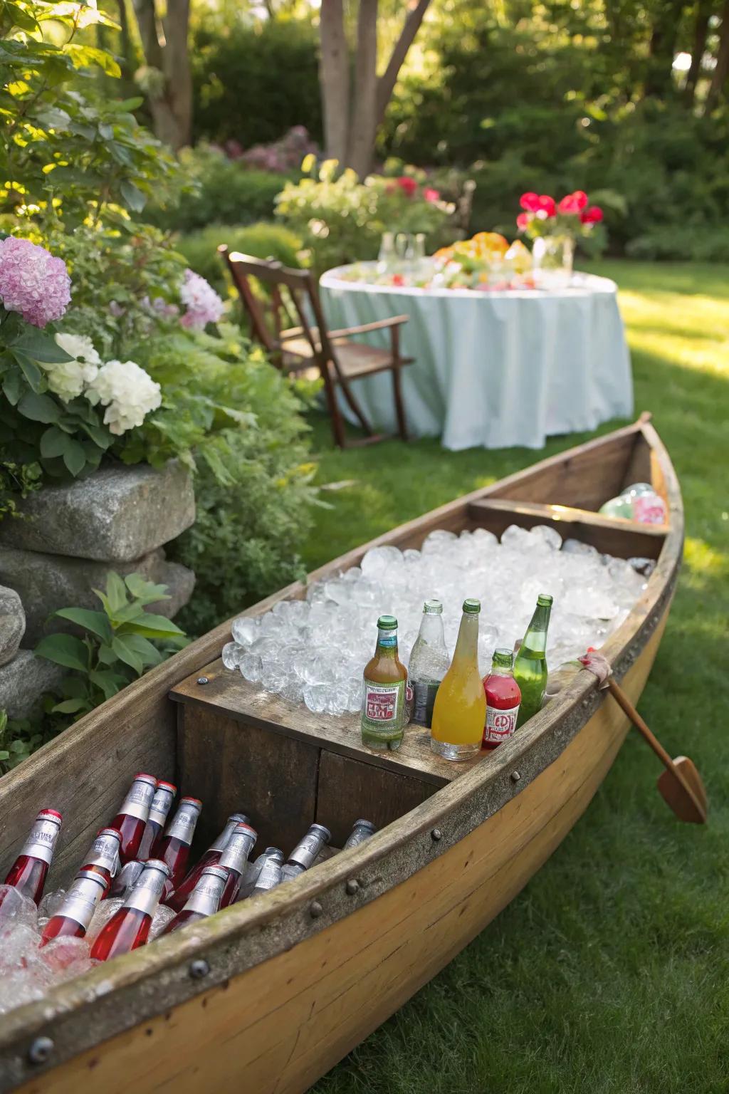 A canoe turned buffet table, perfect for a splash of whimsy.