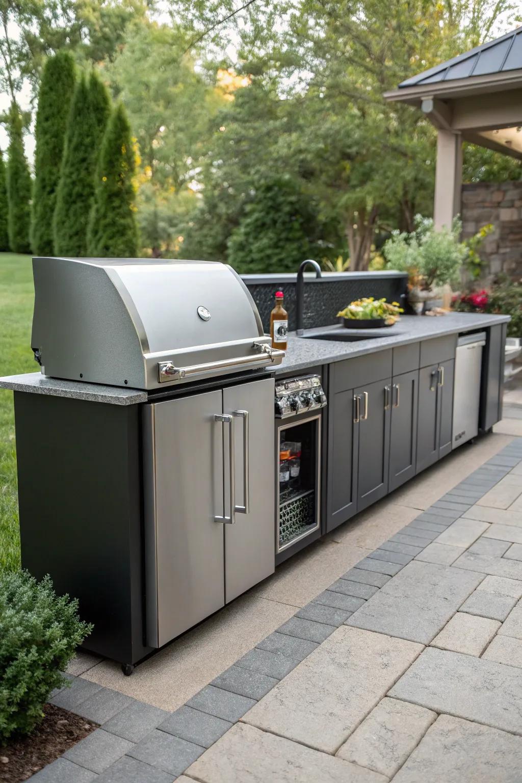 Streamline your outdoor kitchen with cabinets that elegantly incorporate appliances.