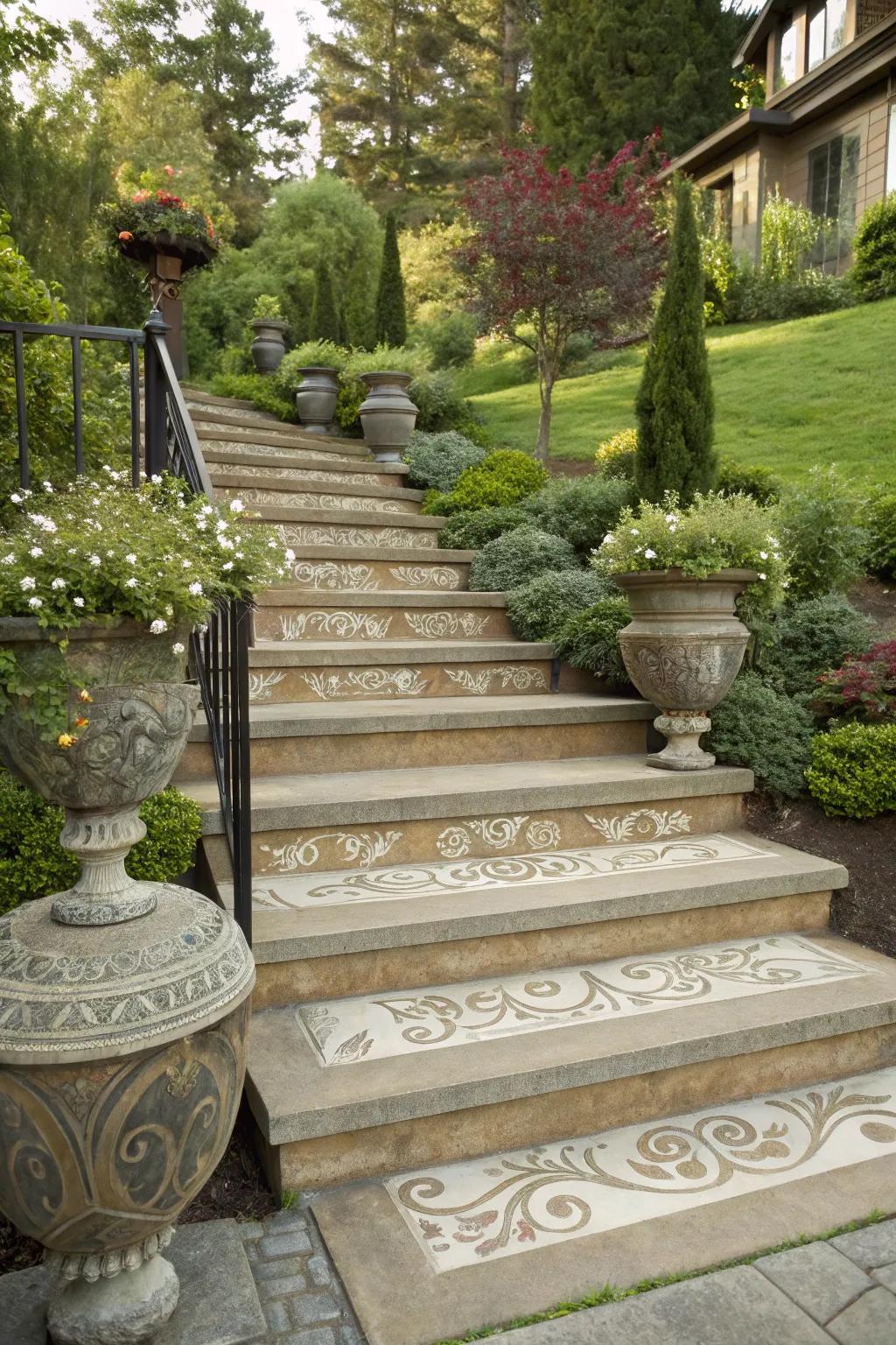 Concrete stairs with a custom decorative overlay.