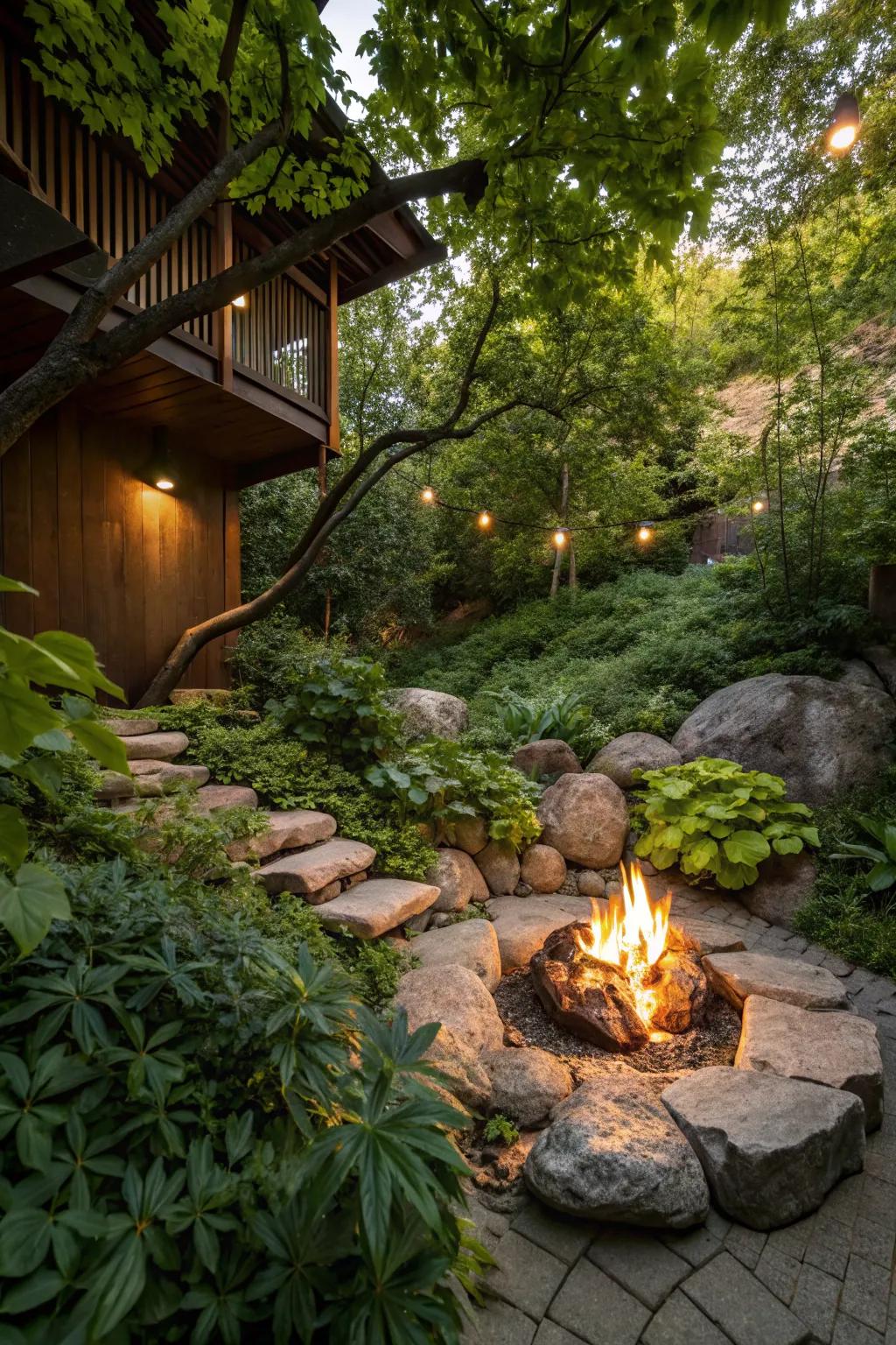 A fire pit harmoniously integrated into a natural garden setting.