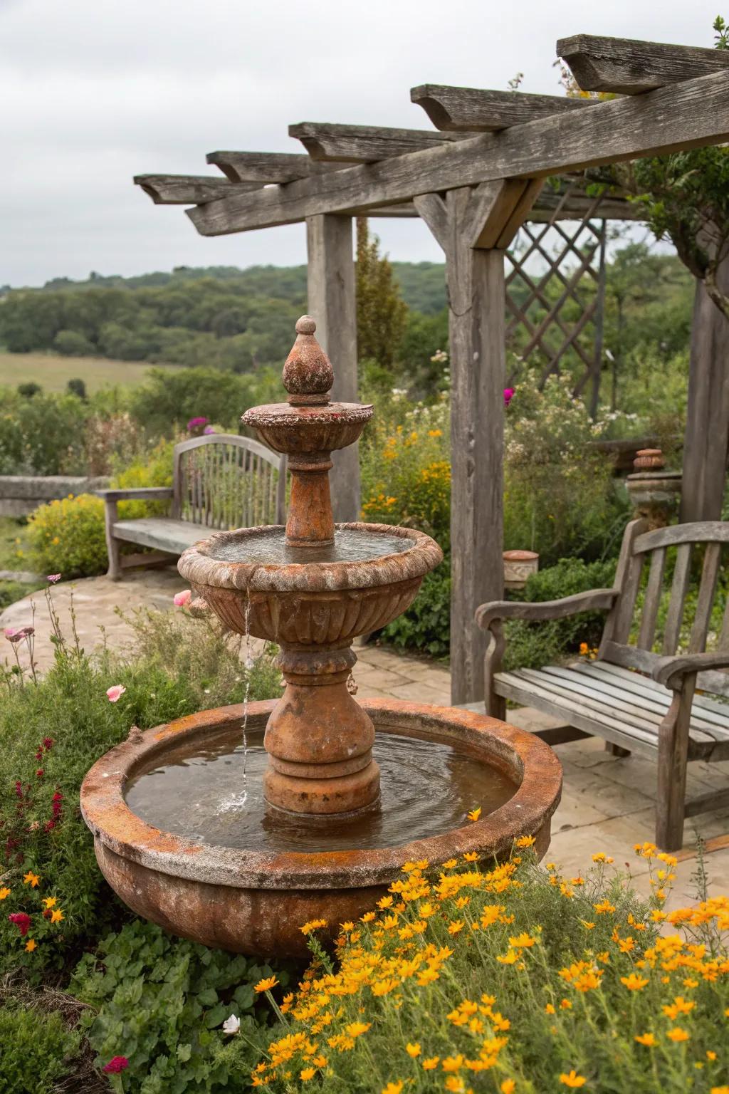 Rustic fountains bring a touch of vintage charm.