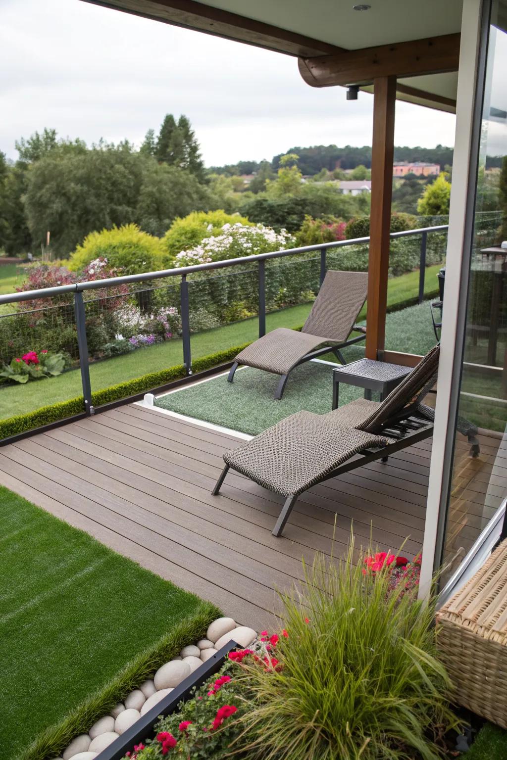Artificial grass decking provides a lush, maintenance-free green space.