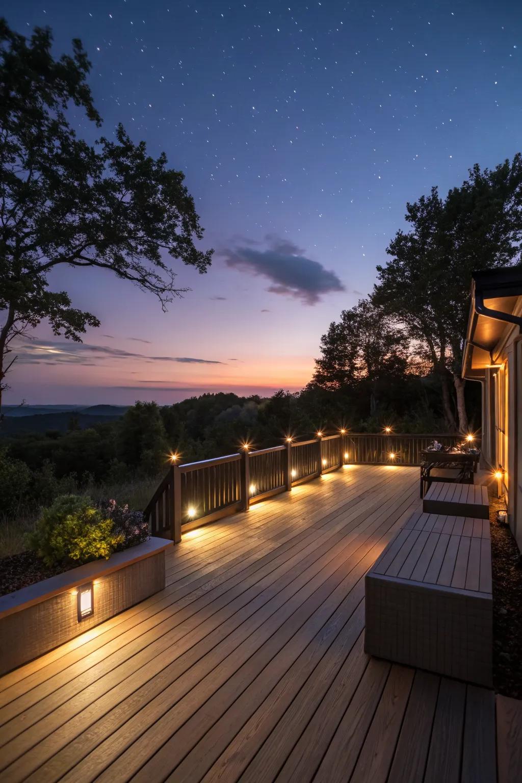 A warmly lit deck for cozy evenings outdoors.