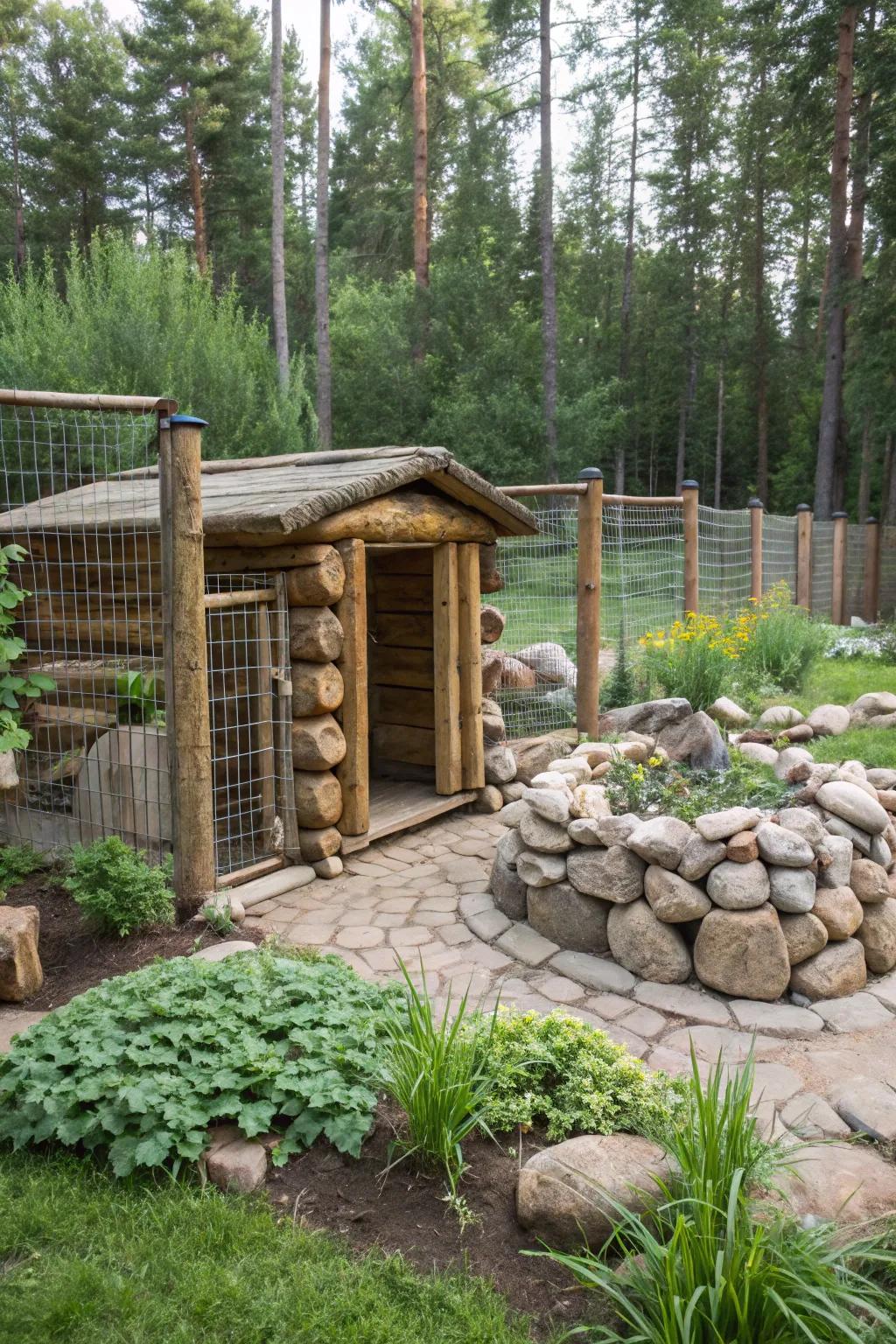 A rustic, nature-inspired dog pen with natural elements.