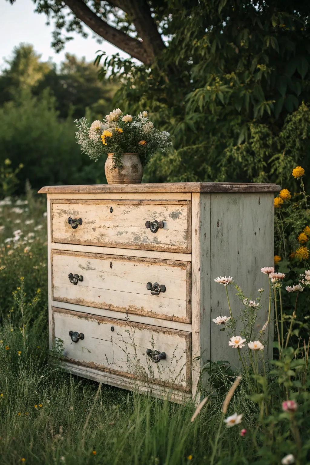 A rustic dresser adding charm to an outdoor space.