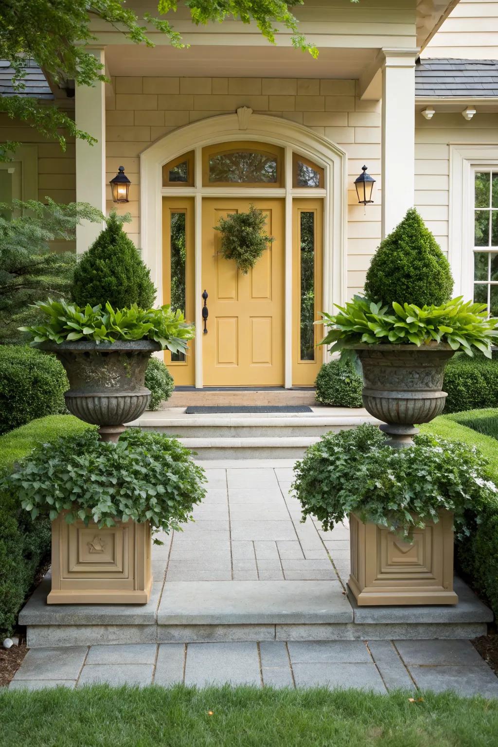 Symmetrical planters create a harmonious entryway.