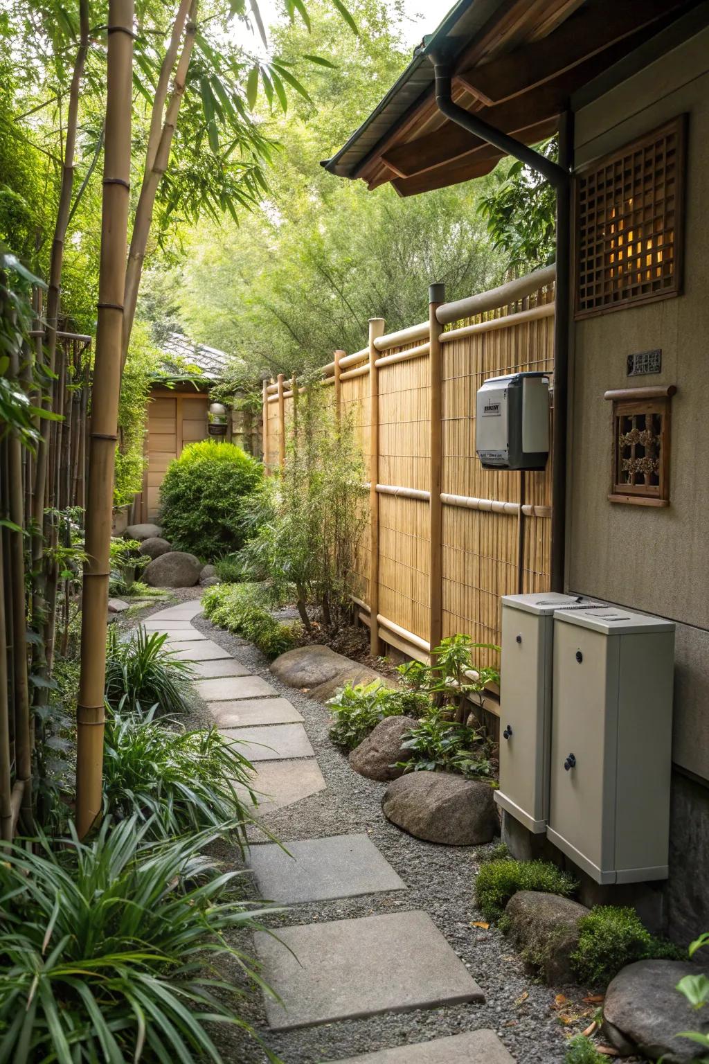 Bamboo screens offer a sustainable and calming solution for hiding utility boxes.