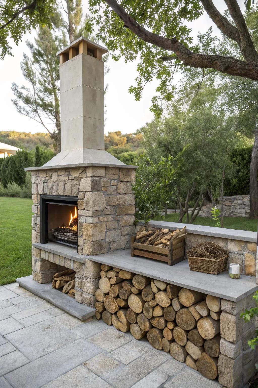 Functional and stylish firewood storage integrated into the design.
