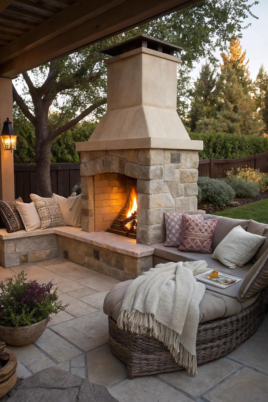 A cozy corner fireplace that transforms a small space into an intimate retreat.