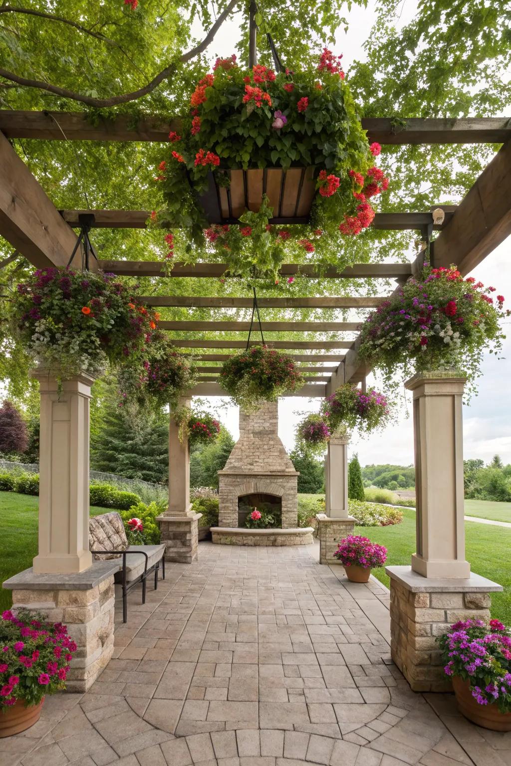 Hanging planters add a touch of nature to your pergola.