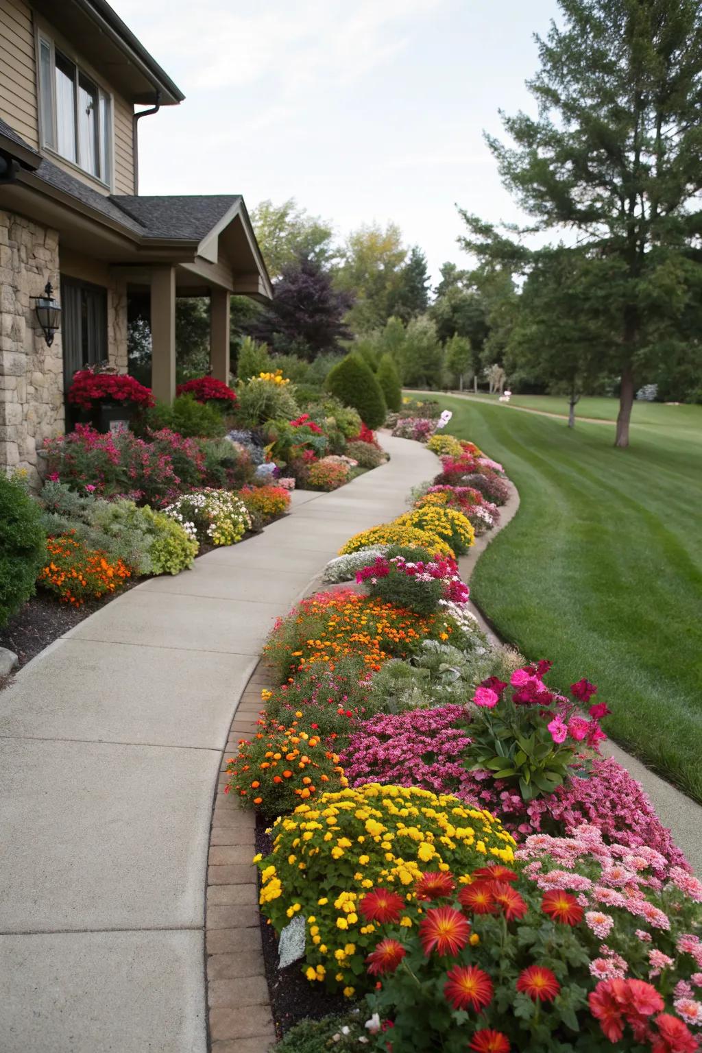 Front yard flower beds creating a welcoming entrance.