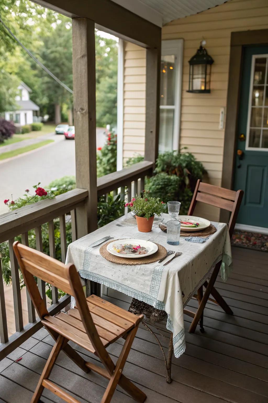 A compact dining spot perfect for enjoying meals al fresco.